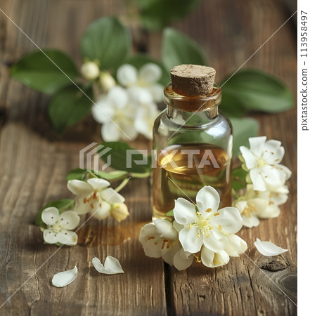Essential oil of jasmine flower on wooden backgrounds 113958497