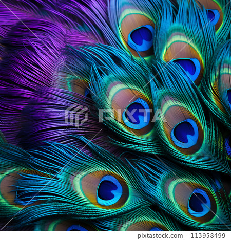 Backgrounds of colored peacock feathers close-up 113958499