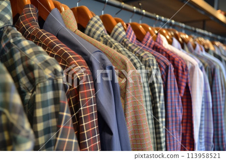 Mens dress shirts on rack in retail store Mens dress shirts on rack in retail store 113958521