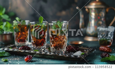 Moroccan tea in traditional glasses with mint, dates and sugar 113958522