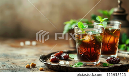 Moroccan tea in traditional glasses with mint, dates and sugar 113958523
