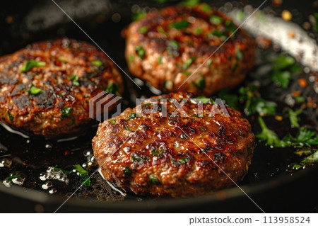 Organic beef hamburger patties with spices in a frying pan. Top view. 113958524