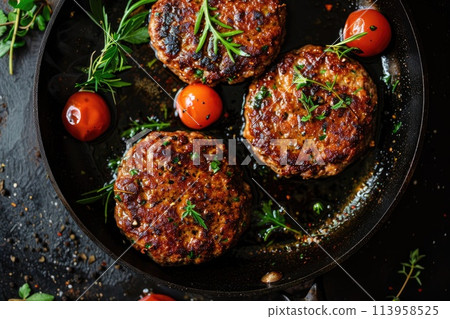 Organic beef hamburger patties with spices in a frying pan. Top view. 113958525