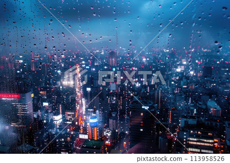 Rain drops on window with cityscape at night 113958526