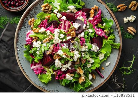 Salad with beet or beetroot, green mix lettuce, nuts, feta cheese. 113958531