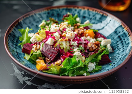 Salad with beet or beetroot, green mix lettuce, nuts, feta cheese. 113958532
