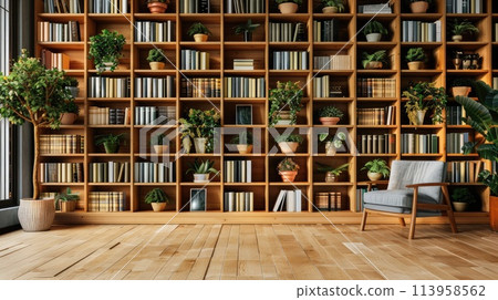 Modern wooden bookshelf with plants in interior 113958562