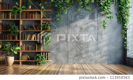 Modern wooden bookshelf with plants in interior Modern wooden bookshelf with plants in interior 113958563