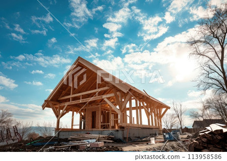 Construction of a frame wooden house in the nature 113958586