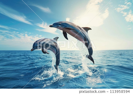 Pod of dolphins leaping in ocean at sunrise 113958594