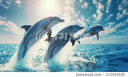 Beautiful bottlenose dolphins jumping out of sea with clear blue water on sunny day Beautiful bottlenose dolphins jumping out of sea with clear blue water on sunny day 113958595