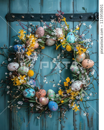 Colorful decorative Easter eggs wreath. 113958601