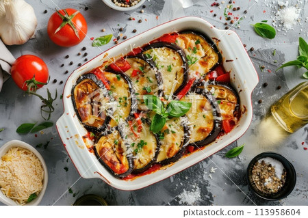 Eggplant casserole with cheese and tomato sauce in a white baking dish on a gray background with ingredients for cooking. Vegetarian healthy food 113958604