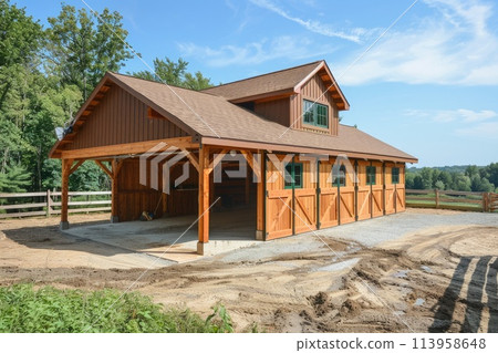 New horse stables constructed of wood 113958648