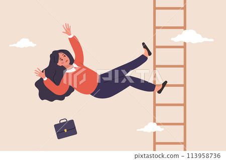 Woman falling down the career ladder. Troubles and problems on work. Economic crisis. Investors losing money concept. Vector illustration in flat cartoon style 113958736