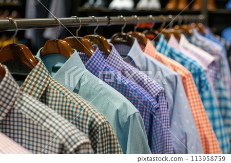 Mens dress shirts on rack in retail store 113958759
