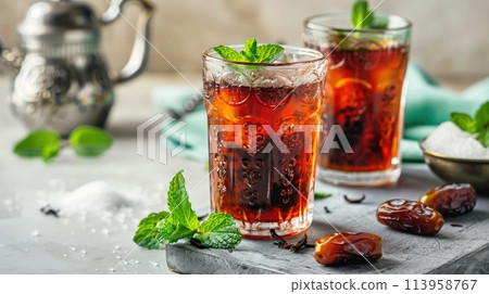 Moroccan tea in traditional glasses with mint, dates and sugar 113958767