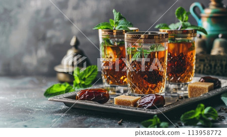 Moroccan tea in traditional glasses with mint, dates and sugar Moroccan tea in traditional glasses with mint, dates and sugar 113958772