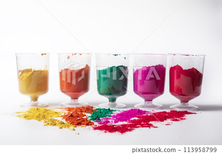 Colorful holi powder in glass bowl on white background. festival of colors Colorful holi powder in glass bowl on white background. festival of colors 113958799