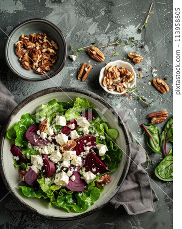 Salad with beet or beetroot, green mix lettuce, nuts, feta cheese. 113958805
