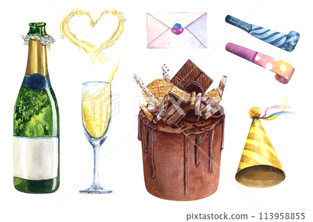 Wedding birthday set watercolor drawing cake. Champagne glass heart bottle chocolate. Greeting card invitation. Golden sparkling patry valentine goblet celebration. Isolated white background treat Wedding birthday set watercolor drawing cake. Champagne glass heart bottle chocolate. Greeting card invitation. Golden sparkling patry valentine goblet celebration. Isolated white background treat 113958855