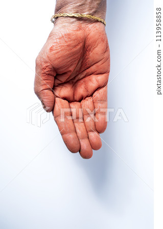Hands of an Indian woman with red holi powder applied on hand isolated on white background. 113958858