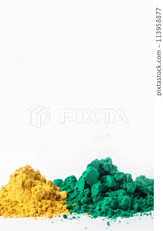 Pile of colorful holi powder isolated on white background. 113958877