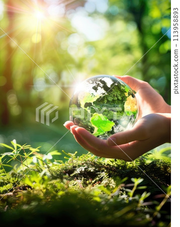 Hands holding globe glass In green forest - Earth day, environment concept 113958893