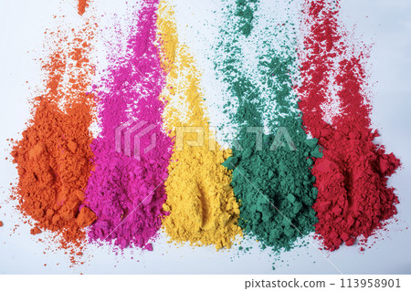 Colorful holi powder isolated on white background. Selective focus. Colorful holi powder isolated on white background. Selective focus. 113958901