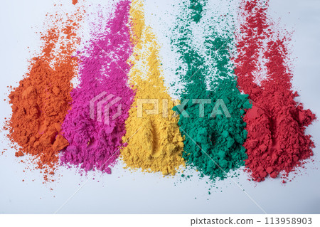 Multicolored holi powder isolated on white background. Indian festival Holi. Multicolored holi powder isolated on white background. Indian festival Holi. 113958903