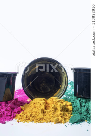 Colorful holi powder isolated on white background with copy space. 113958910