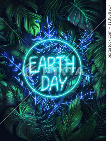 A striking neon sign that reads Earth day encircled by dark green tropical leaves 113958917