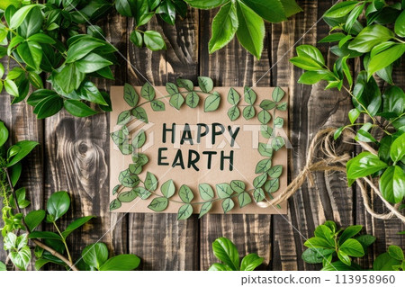 Happy Earth Day paper sheet with fresh spring green leafs border frame , eco natural banner concept 113958960
