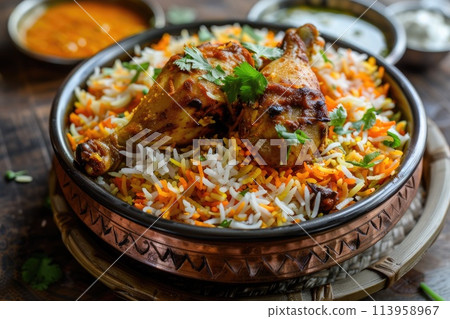 Spicy Indian malabar chicken biryani with basmati rice 113958967