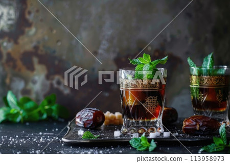 Moroccan tea in traditional glasses with mint, dates and sugar Moroccan tea in traditional glasses with mint, dates and sugar 113958973