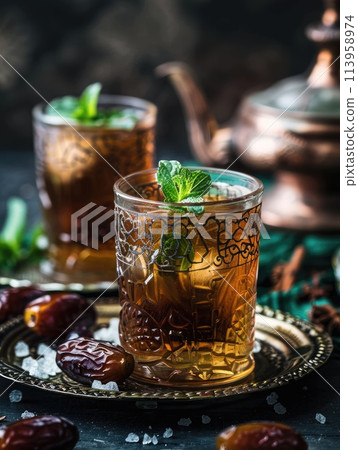 Moroccan tea in traditional glasses with mint, dates and sugar 113958974