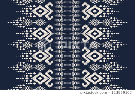 Ikat tribal Indian seamless pattern. Ethnic Aztec fabric carpet mandala ornament native boho chevron textile.Geometric African American oriental traditional vector illustrations. Embroidery style. 113959103