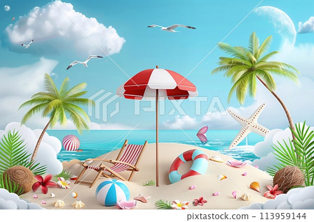 Summer vector illustration, pile of sand, coconut trees, beach umbrella, beach chair, beach ball on the background of clouds and sandy beach. 113959144