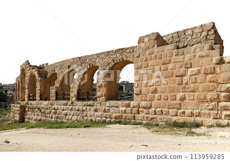 Roman ruins (carved on white background) in the Jordanian city of Jerash (Gerasa of Antiquity), capital and largest city of Jerash Governorate, Jordan Roman ruins (carved on white background) in the Jordanian city of Jerash (Gerasa of Antiquity), capital and largest city of Jerash Governorate, Jordan 113959285