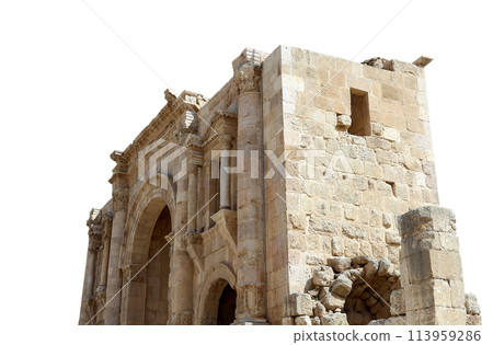 Roman ruins (carved on white background) in the Jordanian city of Jerash (Gerasa of Antiquity), capital and largest city of Jerash Governorate, Jordan 113959286