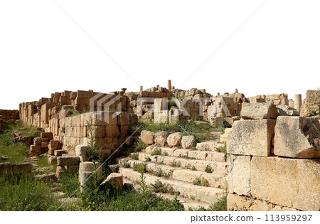 Roman ruins (carved on white background) in the Jordanian city of Jerash (Gerasa of Antiquity), capital and largest city of Jerash Governorate, Jordan Roman ruins (carved on white background) in the Jordanian city of Jerash (Gerasa of Antiquity), capital and largest city of Jerash Governorate, Jordan 113959297