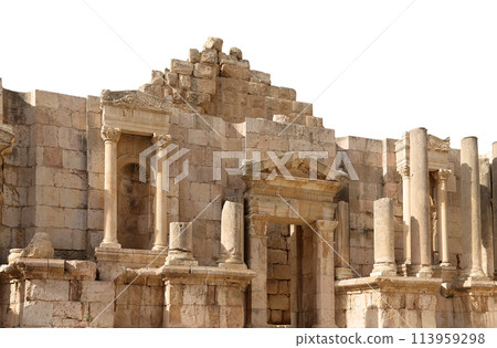 Roman ruins (carved on white background) in the Jordanian city of Jerash (Gerasa of Antiquity), capital and largest city of Jerash Governorate, Jordan Roman ruins (carved on white background) in the Jordanian city of Jerash (Gerasa of Antiquity), capital and largest city of Jerash Governorate, Jordan 113959298