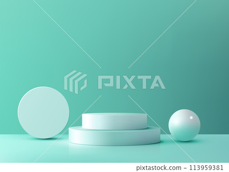 3D realistic white color podium decoration with circle and ball on the floor and light blue background 113959381