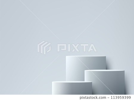 3D white three podiums in various sizes sits on a white background, Minimal style, Product display, Mockup, Showcase, Showroom presentation 113959399