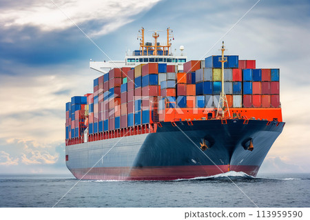 A large container ship sailing through the ocean at sunset 113959590