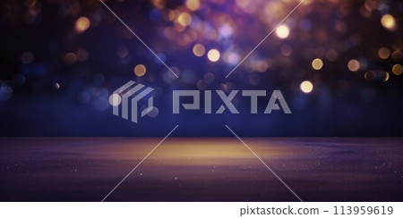 節日水平模板與金色圓形散景燈和地板在深紫色背景。 AI生成影像 113959619