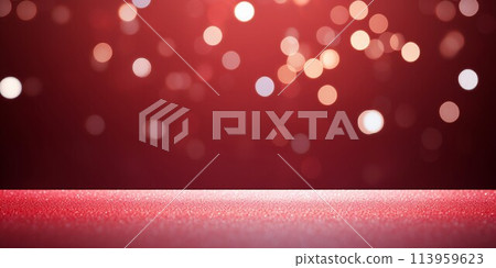 節日水平模板與散景燈和地板在深紅色背景。 AI生成影像 113959623