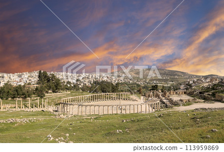 Forum (Oval Plaza) in Gerasa (Jerash), Jordan. Was built in the first century AD. Against the background of a beautiful sky with clouds. Forum (Oval Plaza) in Gerasa (Jerash), Jordan. Was built in the first century AD. Against the background of a beautiful sky with clouds. 113959869