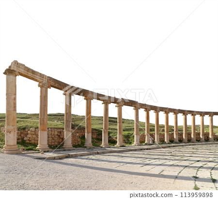 Forum (Oval Plaza) in Gerasa (Jerash), Jordan. Was built in the first century AD. Carved on white background Forum (Oval Plaza) in Gerasa (Jerash), Jordan. Was built in the first century AD. Carved on white background 113959898