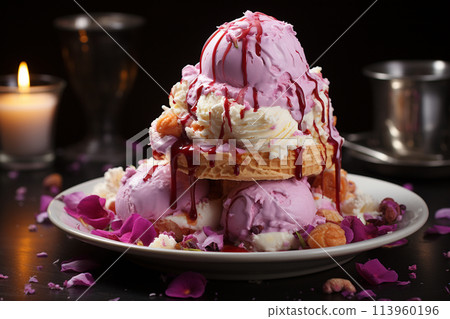 Ice cream, a dessert foodstuff, an ancient delicacy. Food in heat and summer, candy and tasty, a refreshing dessert, sweet. Frozen dessert of fruit, cream of dairy products. Ice cream, a dessert foodstuff, an ancient delicacy. Food in heat and summer, candy and tasty, a refreshing dessert, sweet. Frozen dessert of fruit, cream of dairy products. 113960196